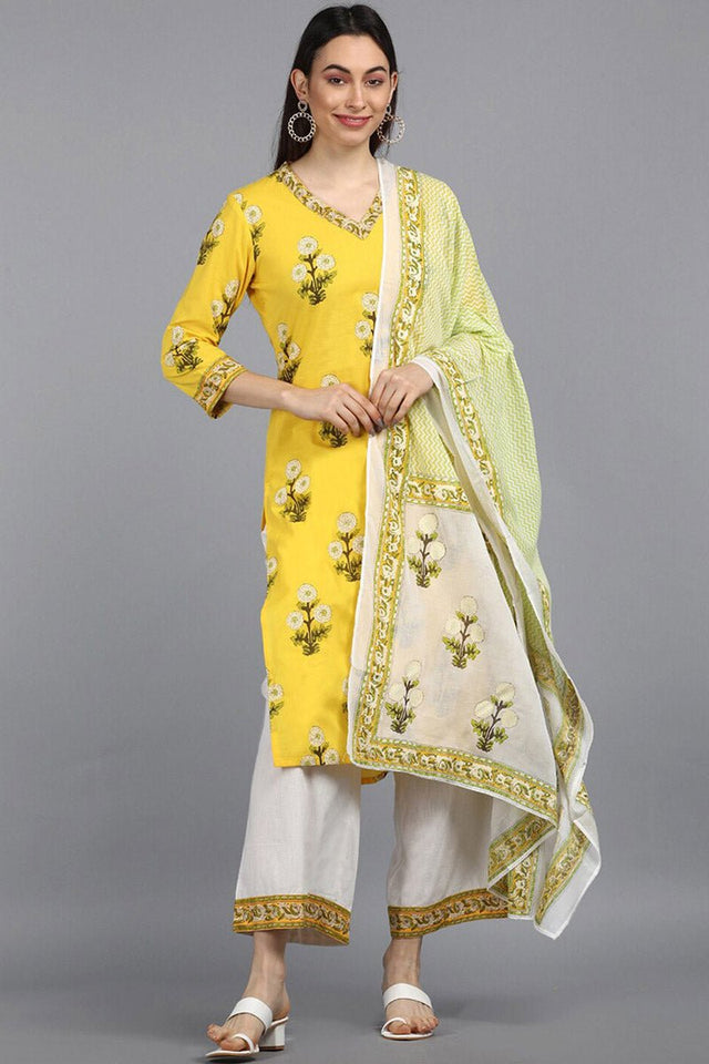 Cotton Yellow Ethnic Motifs Printed Straight Kurti Pant Dupatta Set