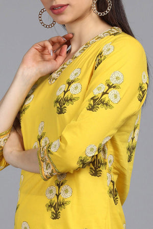 Cotton Yellow Ethnic Motifs Printed Straight Kurti Pant Dupatta Set