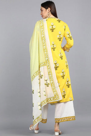 Cotton Yellow Ethnic Motifs Printed Straight Kurti Pant Dupatta Set