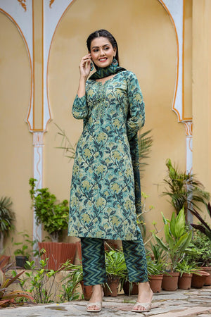 Rayon Blend Teal Ethnic Motifs Printed Straight Kurti Palazzo Dupatta Set