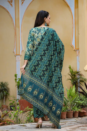 Rayon Blend Teal Ethnic Motifs Printed Straight Kurti Palazzo Dupatta Set