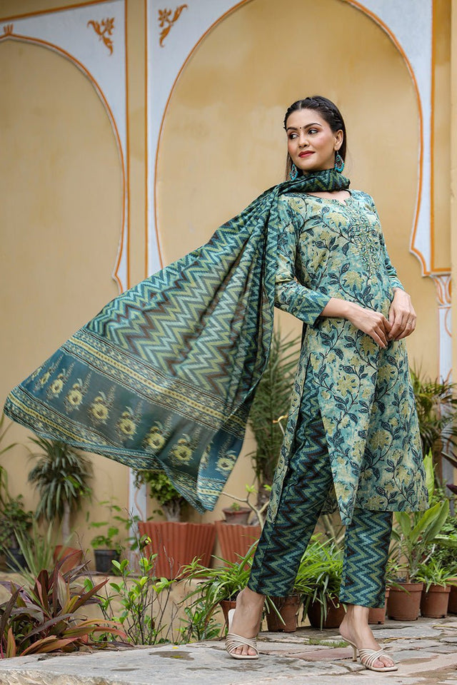 Rayon Blend Teal Ethnic Motifs Printed Straight Kurti Palazzo Dupatta Set