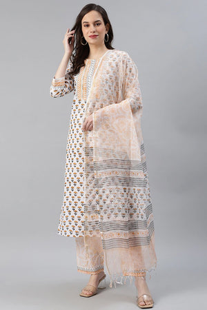Cotton White Ethnic Motifs Printed Straight Kurti Palazzo Dupatta Set