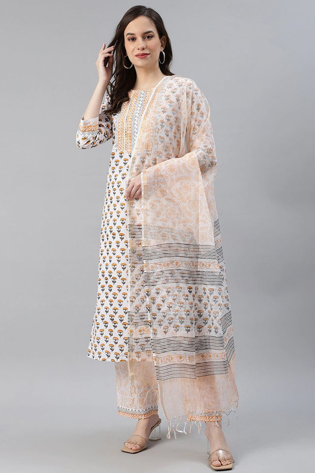 Cotton White Ethnic Motifs Printed Straight Kurti Palazzo Dupatta Set