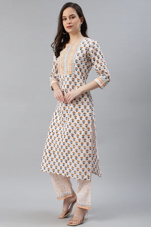 Cotton White Ethnic Motifs Printed Straight Kurti Palazzo Dupatta Set