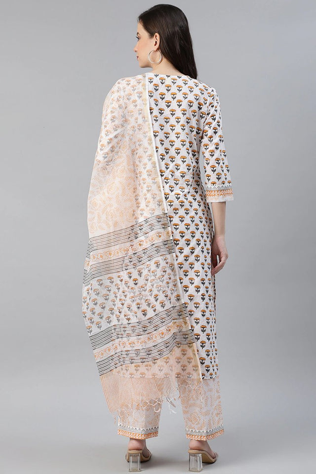 Cotton White Ethnic Motifs Printed Straight Kurti Palazzo Dupatta Set