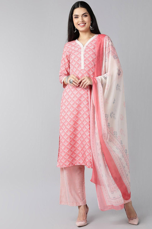 Peach Polyester Ethnic Motifs Straight Suit Set