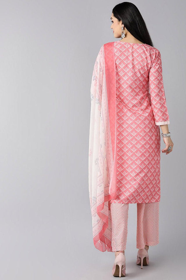 Peach Polyester Ethnic Motifs Straight Suit Set