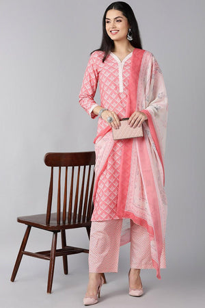 Peach Polyester Ethnic Motifs Straight Suit Set