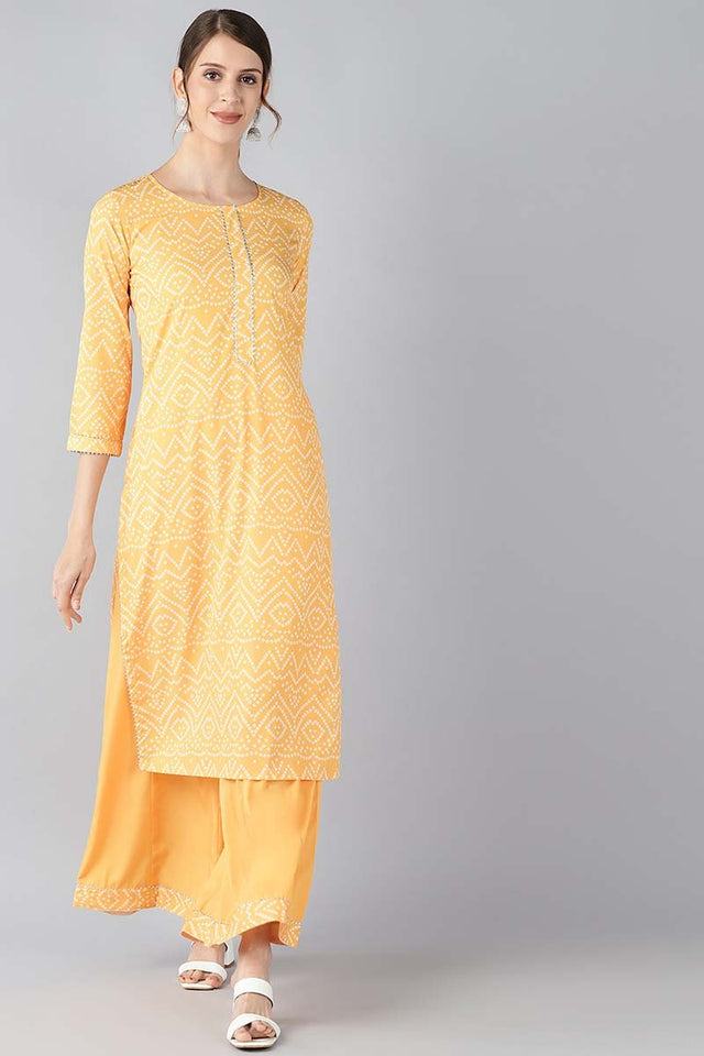 Yellow Crepe Bandhani Printed Straight Kurti Palazzo Set