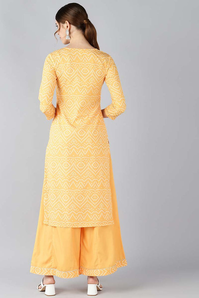 Yellow Crepe Bandhani Printed Straight Kurti Palazzo Set