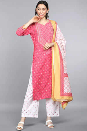 Pink Polyester Ethnic Motifs Straight Suit Set