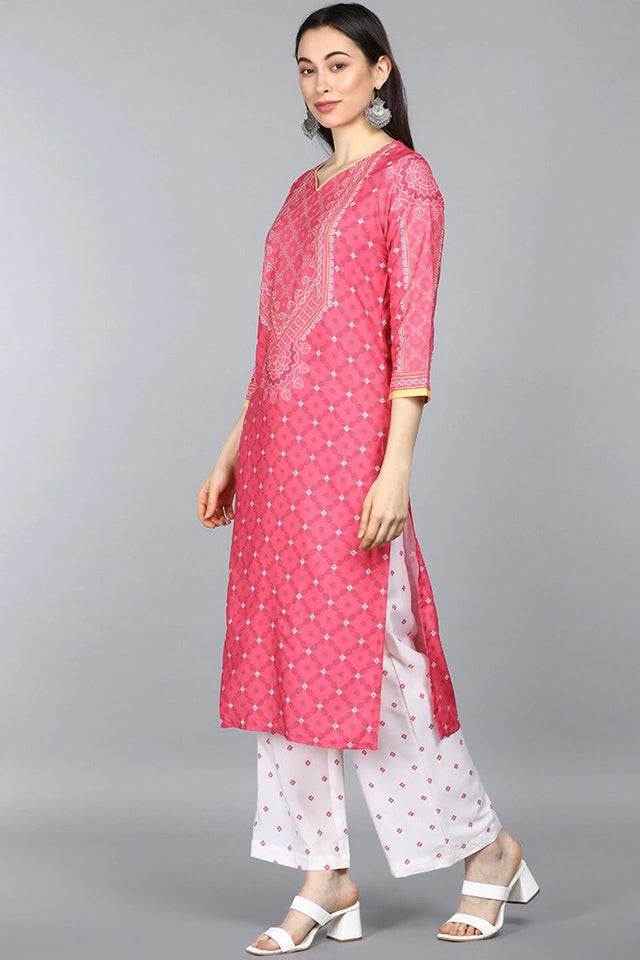 Pink Polyester Ethnic Motifs Straight Suit Set