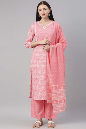 Pink Polyester Paisley Printed Straight Suit Set