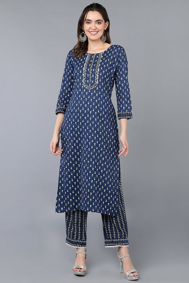 Navy Blue Cotton Straight Kurti Set