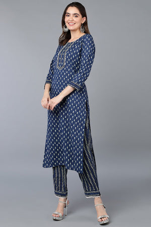 Navy Blue Cotton Straight Kurti Set