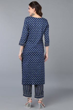 Navy Blue Cotton Straight Kurti Set