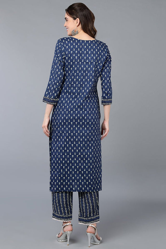 Navy Blue Cotton Straight Kurti Set