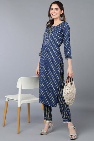 Navy Blue Cotton Straight Kurti Set