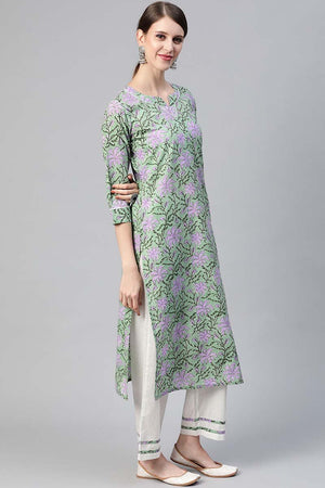 Cotton Green Ethnic Motifs Printed Straight Kurti Pant Dupatta Set