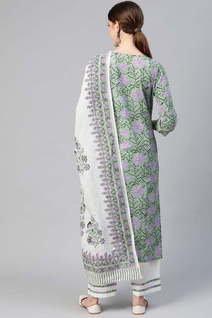 Cotton Green Ethnic Motifs Printed Straight Kurti Pant Dupatta Set