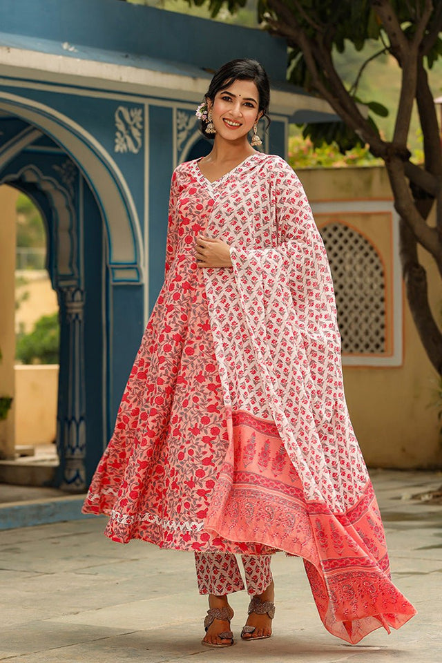 Pink Cotton Anarkali Suit Set