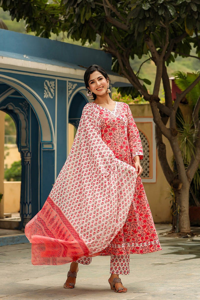 Pink Cotton Anarkali Suit Set