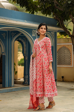 Pink Cotton Anarkali Suit Set