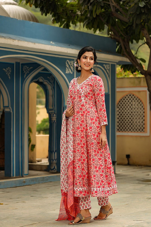 Pink Cotton Anarkali Suit Set