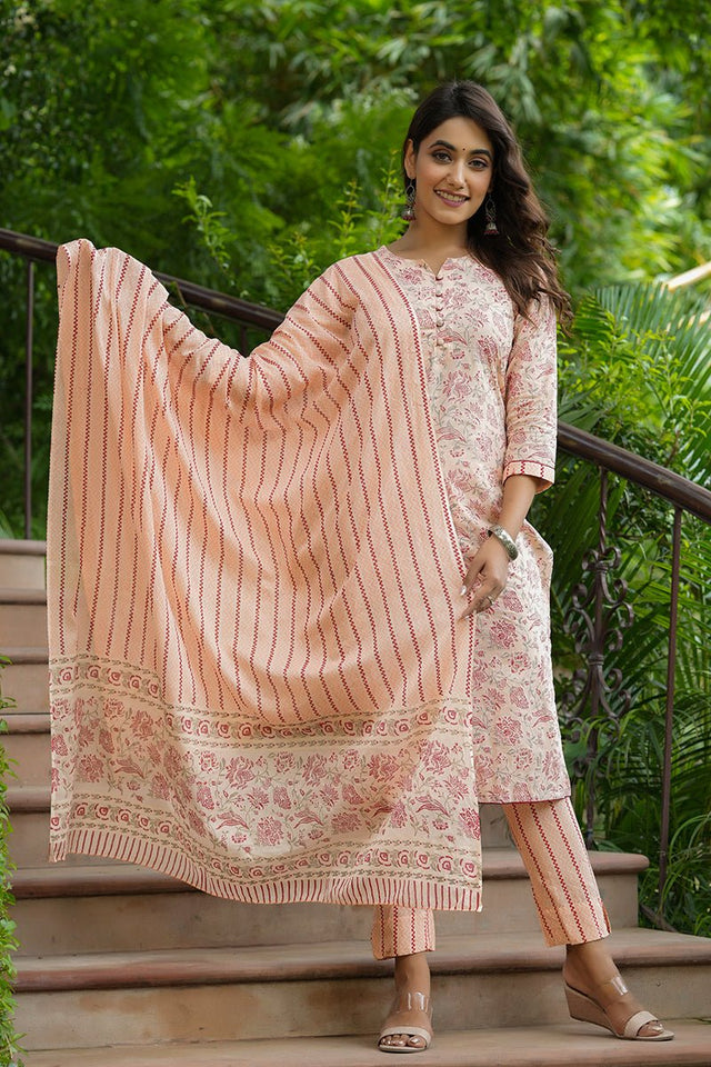 Orange Cotton Straight Suit Set