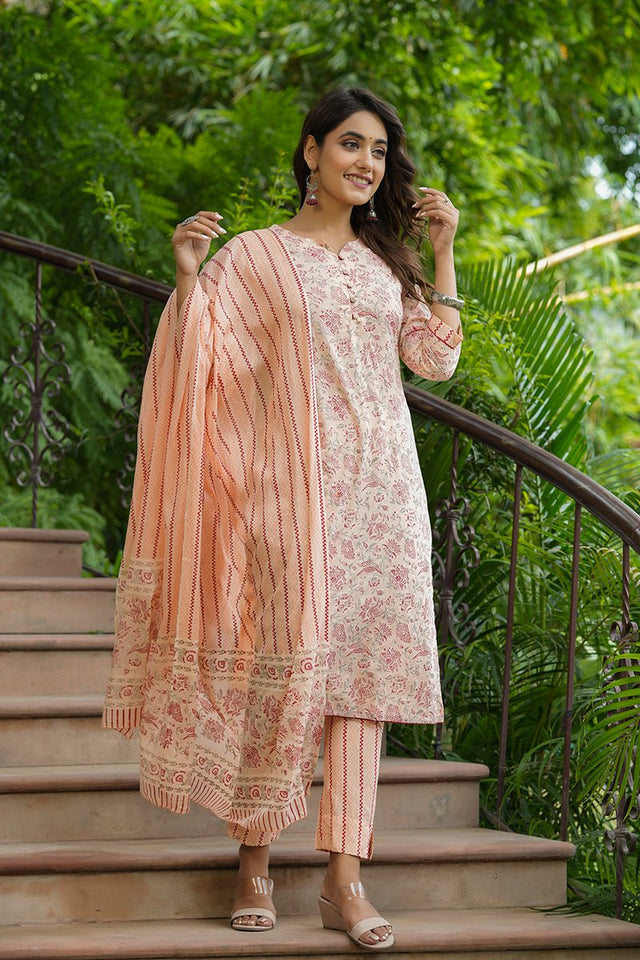 Orange Cotton Straight Suit Set