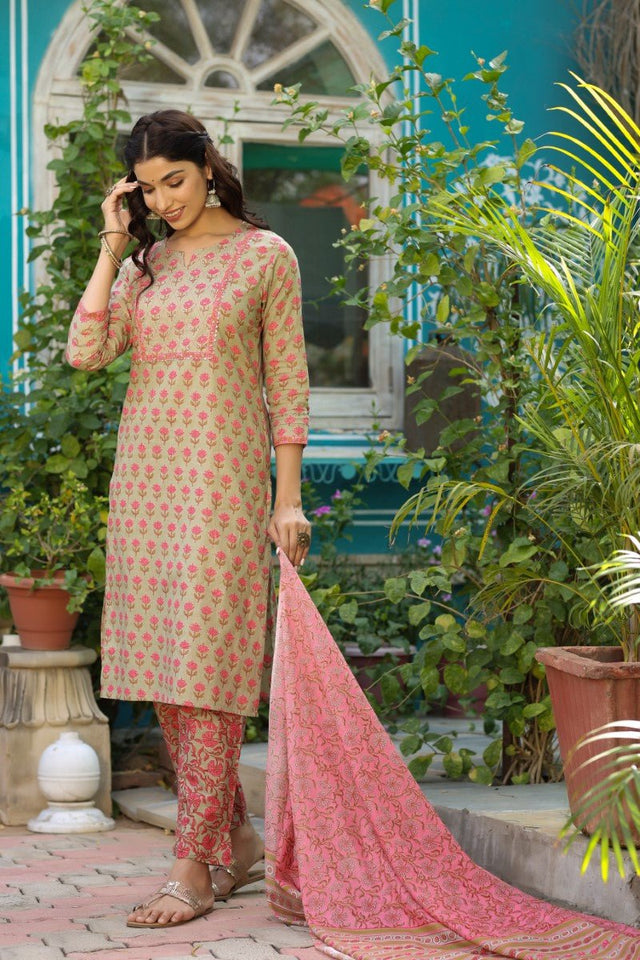 Cotton Green Floral Printed Straight Kurti Pant Dupatta Set