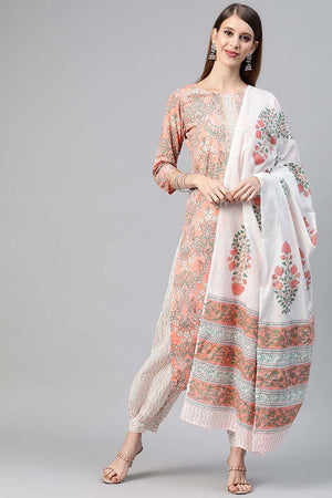 Peach Cotton Ethnic Motifs Printed Straight Suit Set