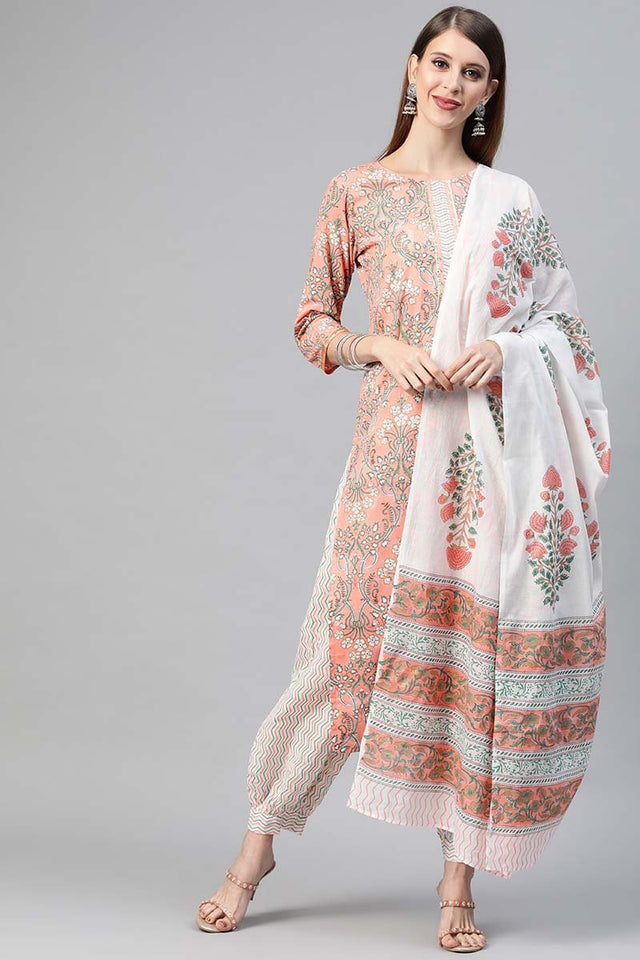 Peach Cotton Ethnic Motifs Printed Straight Suit Set