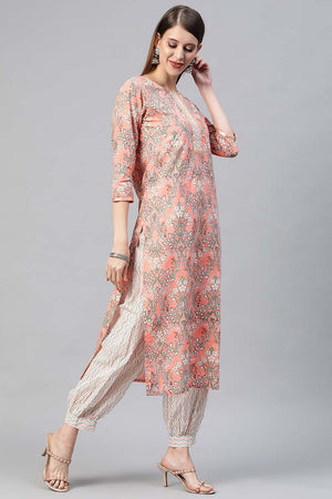 Peach Cotton Ethnic Motifs Printed Straight Suit Set