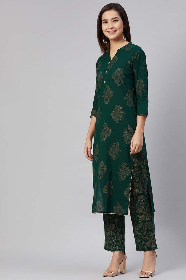 Cotton Green Ethnic Motifs Printed Straight Kurti Pant Dupatta Set