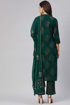 Cotton Green Ethnic Motifs Printed Straight Kurti Pant Dupatta Set