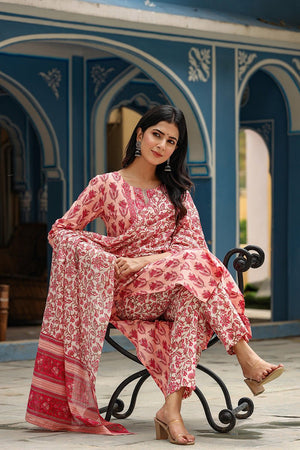 Pink Rayon Blend Floral Printed Straight Suit Set