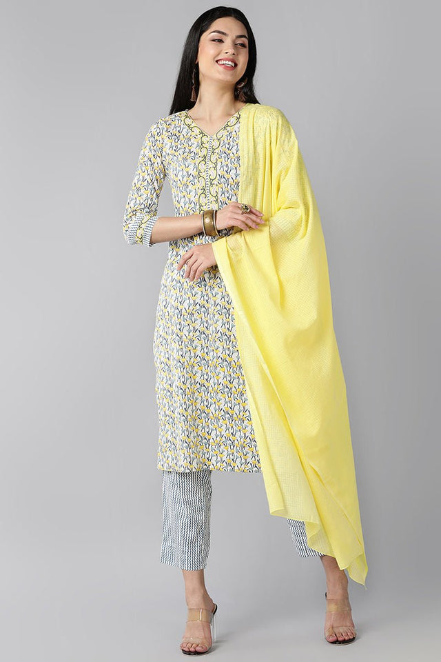 White Cotton Kurta With Trousers Dupatta