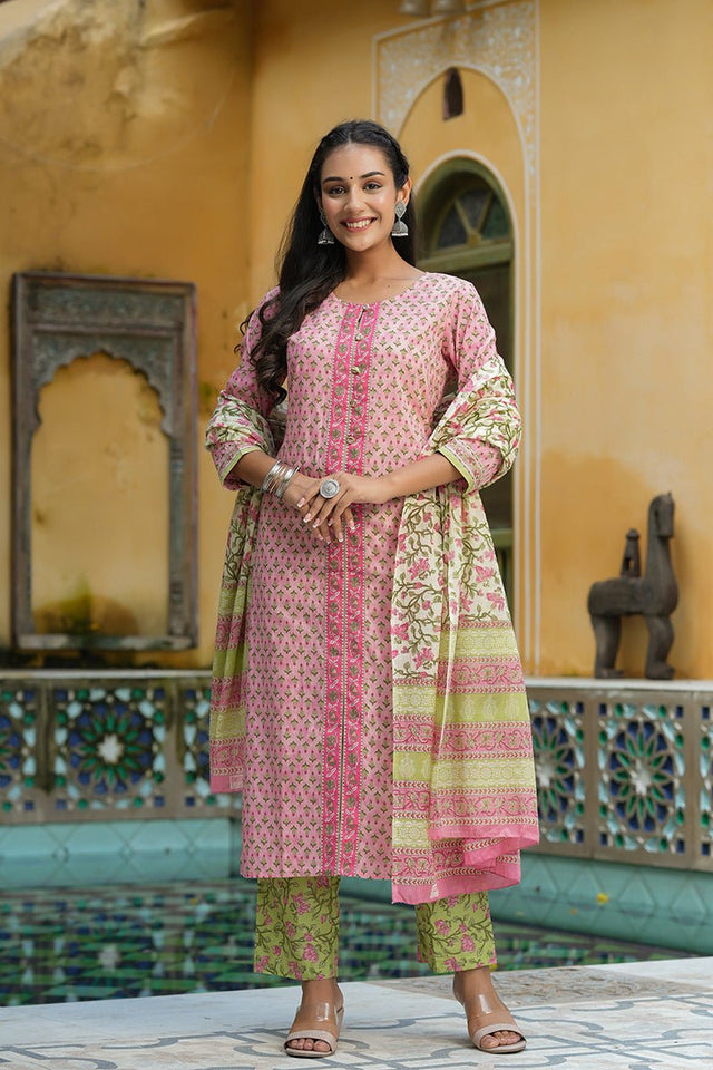 Pink Cotton Ethnic Motifs Printed Suit Set