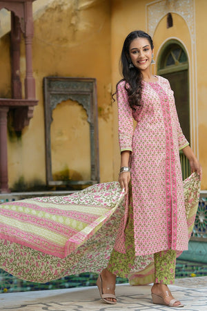 Pink Cotton Ethnic Motifs Printed Suit Set