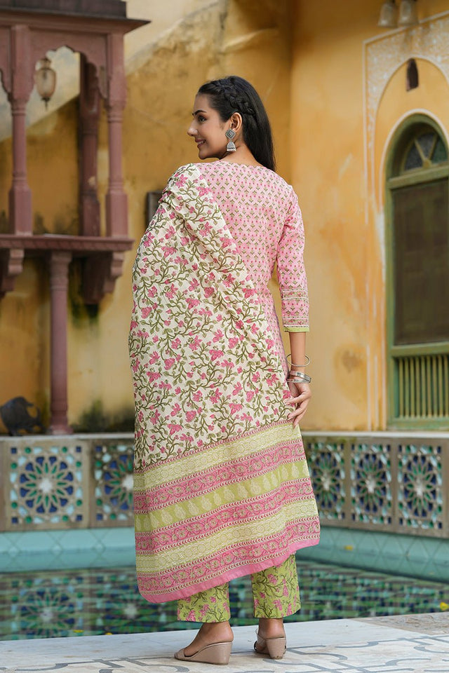 Pink Cotton Ethnic Motifs Printed Suit Set