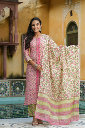 Pink Cotton Ethnic Motifs Printed Suit Set