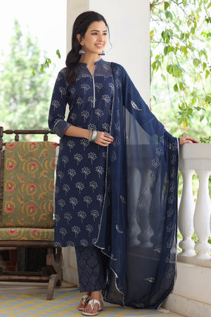 Navy Blue Floral Printed Kurti With Palazzos With Dupatta