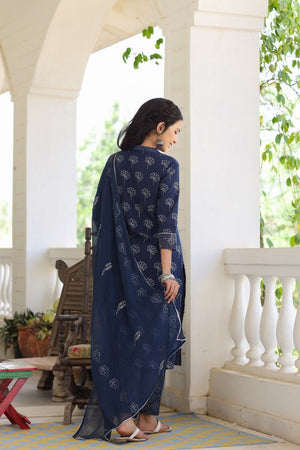 Navy Blue Floral Printed Kurti With Palazzos With Dupatta