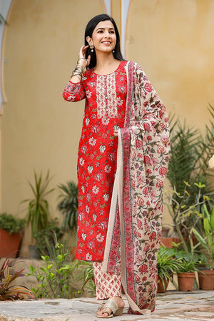 Red Rayon Blend Floral Printed Suit Set