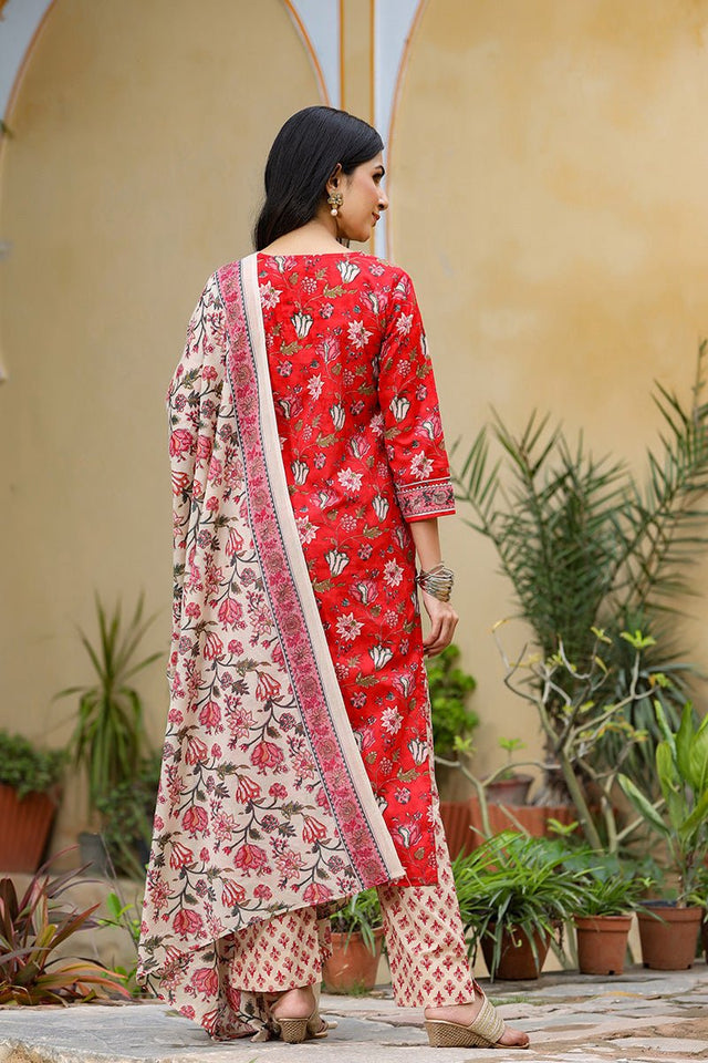 Red Rayon Blend Floral Printed Suit Set