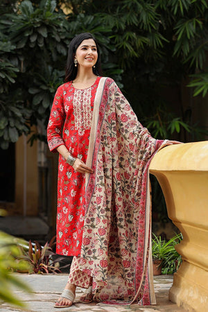 Red Rayon Blend Floral Printed Suit Set