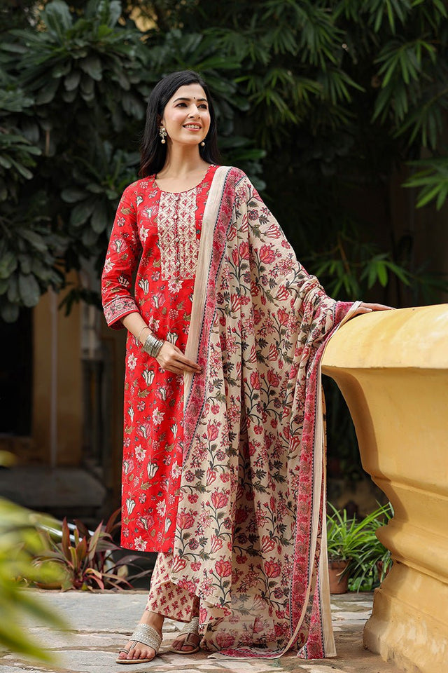 Red Rayon Blend Floral Printed Suit Set