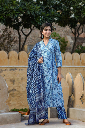 Blue Cotton Angrakha Suit Set